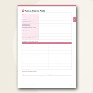 May include: A white planner page with pink accents titled Gesundheit & &Auml;rzte. It features sections for medical history, a table for doctors and therapists with columns for specialty, name, phone, and address, and a space for a preferred hospital.