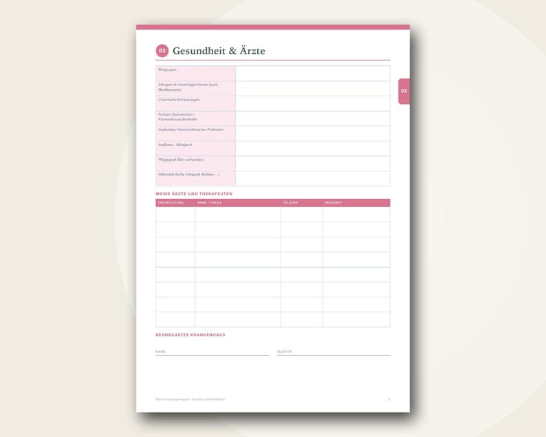 May include: A white planner page with pink accents titled Gesundheit & &Auml;rzte. It features sections for medical history, a table for doctors and therapists with columns for specialty, name, phone, and address, and a space for a preferred hospital.