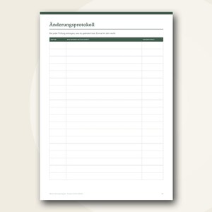 May include: A white document page titled &Auml;nderungsprotokoll with a dark green header bar. The page features a table with columns labelled Datum, Was wurde aktualisiert, and Unterschrift, providing rows for tracking changes and updates.