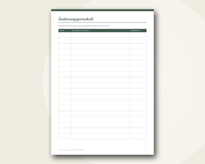 May include: A white document page titled &Auml;nderungsprotokoll with a dark green header bar. The page features a table with columns labelled Datum, Was wurde aktualisiert, and Unterschrift, providing rows for tracking changes and updates.