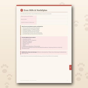Pu&ograve; includere: Una pagina informativa bianca intitolata Erste Hilfe & Notfallplan con intestazione e pi&egrave; di pagina rossi. Il documento contiene sezioni per contatti di emergenza, segni di malessere, sostanze tossiche per cani e un kit di pronto soccorso.