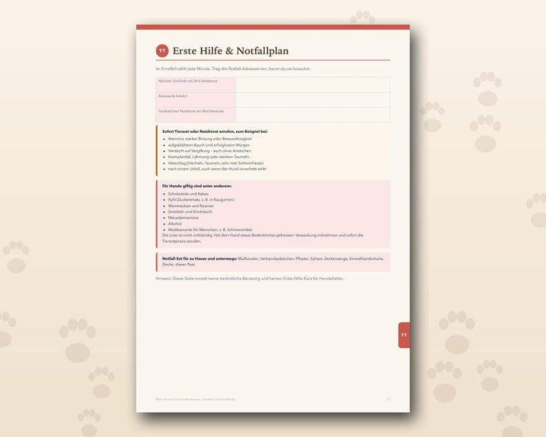Pu&ograve; includere: Una pagina informativa bianca intitolata Erste Hilfe & Notfallplan con intestazione e pi&egrave; di pagina rossi. Il documento contiene sezioni per contatti di emergenza, segni di malessere, sostanze tossiche per cani e un kit di pronto soccorso.