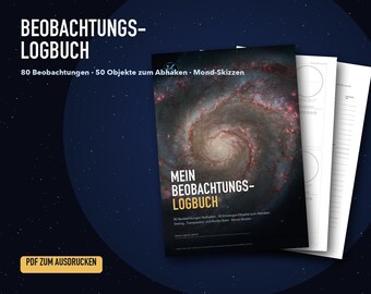 May include: An astronomy observation logbook titled BEOBACHTUNGS-LOGBUCH with a spiral galaxy cover image. The logbook includes 80 observations, 50 checklist objects, and moon sketching pages. The interior pages feature circular templates.