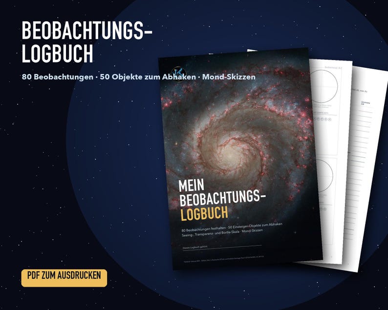 Puede incluir: Un cuaderno de bit&aacute;cora de observaci&oacute;n astron&oacute;mica titulado BEOBACHTUNGS-LOGBUCH con una imagen de galaxia espiral en la portada. Incluye 80 observaciones, 50 objetos para marcar y p&aacute;ginas de bocetos lunares con plantillas circulares.