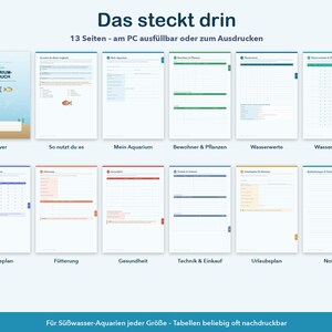 K&ouml;nnte beinhalten: Ein digitales Aquarium-Logbuch mit 13 Seiten, inklusive eines Covers mit Fischillustrationen sowie Abschnitten f&uuml;r Einrichtung, Pflanzen, Bewohner, Wasserwerte, F&uuml;tterung, Gesundheit, Pflegepl&auml;ne und Notizen.