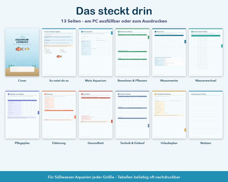 K&ouml;nnte beinhalten: Ein digitales Aquarium-Logbuch mit 13 Seiten, inklusive eines Covers mit Fischillustrationen sowie Abschnitten f&uuml;r Einrichtung, Pflanzen, Bewohner, Wasserwerte, F&uuml;tterung, Gesundheit, Pflegepl&auml;ne und Notizen.