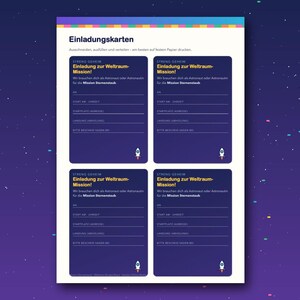May include: A printable sheet containing four identical space-themed invitation cards with a dark blue background. Each card features the text Einladung zur Weltraum-Mission, lines for event details, and a small rocket ship graphic at the bottom.