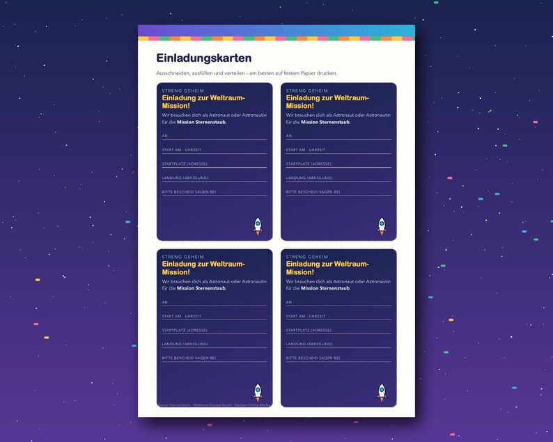 May include: A printable sheet containing four identical space-themed invitation cards with a dark blue background. Each card features the text Einladung zur Weltraum-Mission, lines for event details, and a small rocket ship graphic at the bottom.