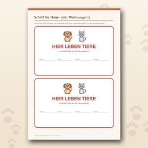 May include: A printable sign sheet featuring two identical rectangular pet emergency labels. Each label displays a brown dog and grey cat icon, the text HIER LEBEN TIERE, and blank lines for HUNDE, KATZEN, ANDERE, and KONTAKT information.