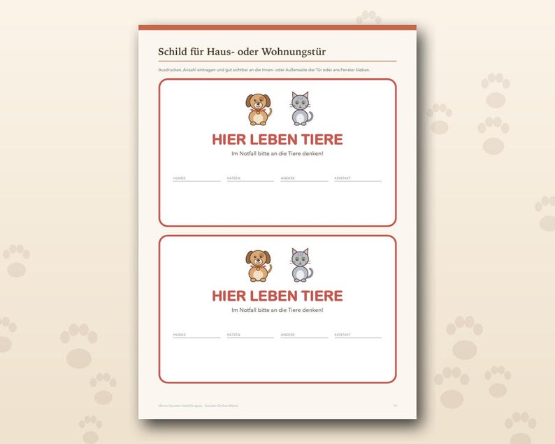 May include: A printable sign sheet featuring two identical rectangular pet emergency labels. Each label displays a brown dog and grey cat icon, the text HIER LEBEN TIERE, and blank lines for HUNDE, KATZEN, ANDERE, and KONTAKT information.