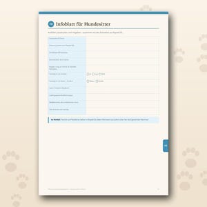 Pu&ograve; includere: Un foglio informativo bianco intitolato Infoblatt f&uuml;r Hundesitter con un'intestazione blu e numerato 10. Il documento presenta una tabella con righe per i dettagli sulla cura del cane, incluse caselle di controllo per la compatibilit&agrave;.