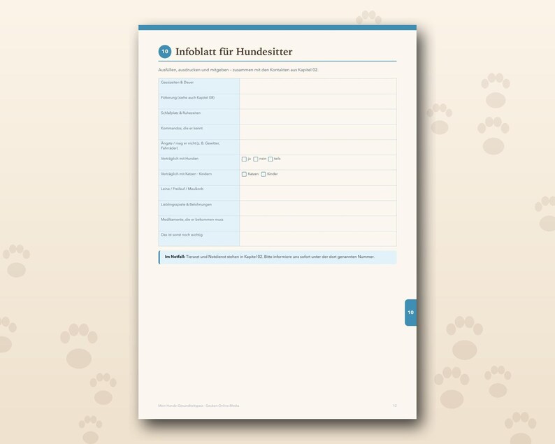 Pu&ograve; includere: Un foglio informativo bianco intitolato Infoblatt f&uuml;r Hundesitter con un'intestazione blu e numerato 10. Il documento presenta una tabella con righe per i dettagli sulla cura del cane, incluse caselle di controllo per la compatibilit&agrave;.