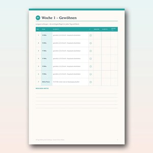 May include: A white paper planner page titled Woche 1 - Gew&ouml;hnen with a teal header. It features a seven-row table for daily walking plans, including columns for time, activity, checkboxes, steps, and a rating scale, plus a section for weekly notes.