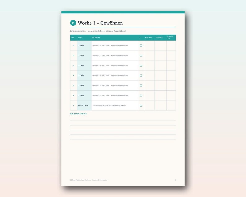 May include: A white paper planner page titled Woche 1 - Gew&ouml;hnen with a teal header. It features a seven-row table for daily walking plans, including columns for time, activity, checkboxes, steps, and a rating scale, plus a section for weekly notes.