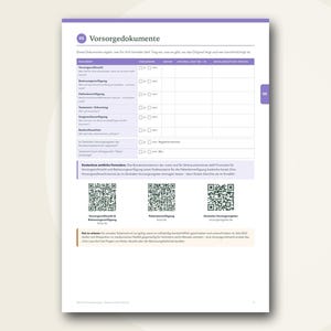 May include: A white document page titled Vorsorgedokumente with a purple header and tab. It features a table for legal documents, checkboxes, and three QR codes labelled Vorsorgevollmacht, Patientenverf&uuml;gung, and Zentrales Vorsorgeregister.