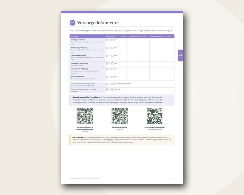 May include: A white document page titled Vorsorgedokumente with a purple header and tab. It features a table for legal documents, checkboxes, and three QR codes labelled Vorsorgevollmacht, Patientenverf&uuml;gung, and Zentrales Vorsorgeregister.