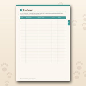 Pu&ograve; includere: Una pagina color crema di un diario sanitario per animali domestici con un'intestazione color ottanio etichettata Impfungen. La pagina include una griglia per tracciare le vaccinazioni con colonne per data, vaccino, prossima scadenza e note.