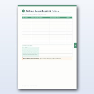 May include: A white financial planning page titled Banking, Bezahldienste & Krypto with a green header. It features a table for tracking accounts and a section for cryptocurrency details, including a warning about seed phrases.