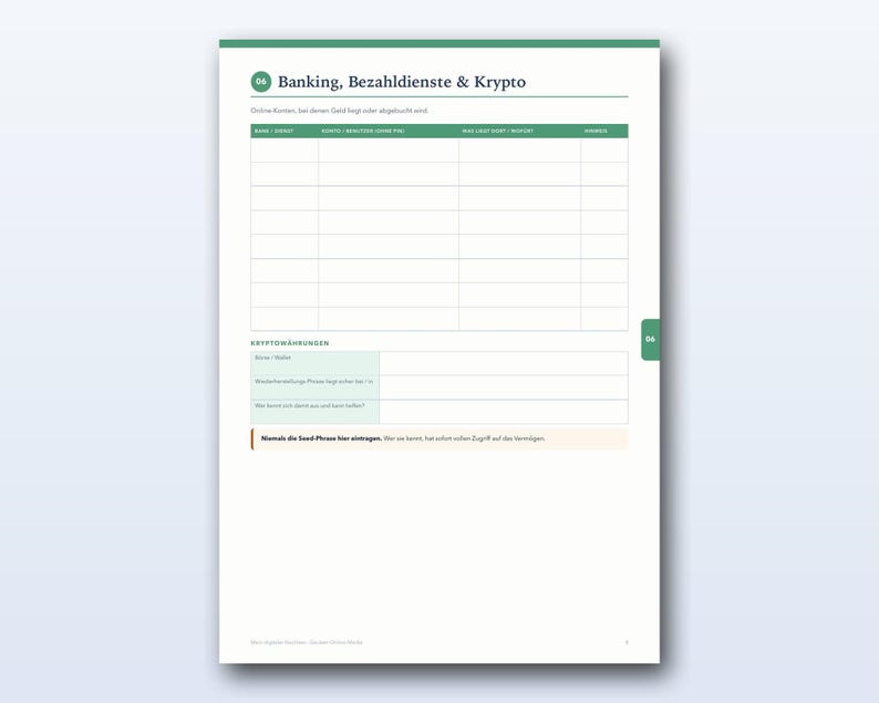 May include: A white financial planning page titled Banking, Bezahldienste & Krypto with a green header. It features a table for tracking accounts and a section for cryptocurrency details, including a warning about seed phrases.