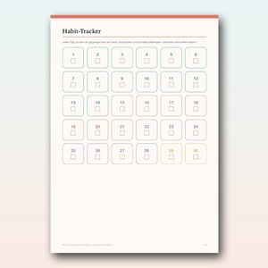 May include: A white habit tracker sheet with a red top border and the text Habit-Tracker. It features a grid of thirty numbered squares, each with a small checkbox. The numbers are arranged in rows of six, with varying outline colors for each box.
