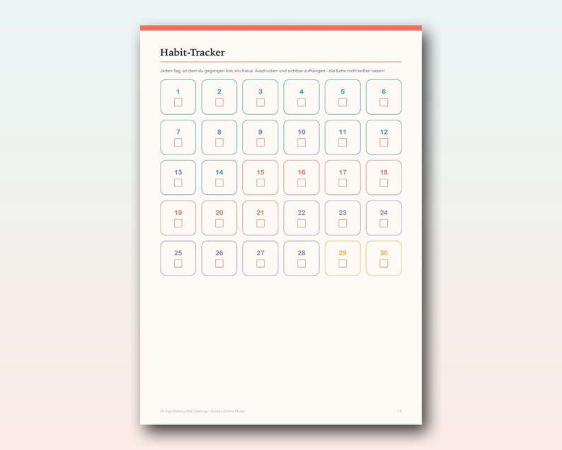 May include: A white habit tracker sheet with a red top border and the text Habit-Tracker. It features a grid of thirty numbered squares, each with a small checkbox. The numbers are arranged in rows of six, with varying outline colors for each box.