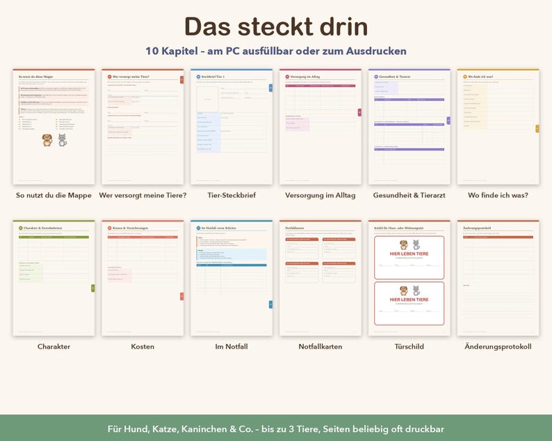 May include: A set of 12 digital planner pages for pet care, featuring sections titled Das steckt dirin, So nutzt du die Mappe, Wer versorgt meine Tiere, Tier-Steckbrief, Versorgung im Alltag, Gesundheit & Tierarzt, Wo finde ich was, Charakter, Kosten, Im Notfall, Notfallkarten, T&uuml;rschild, and &Auml;nderungsprotokoll.