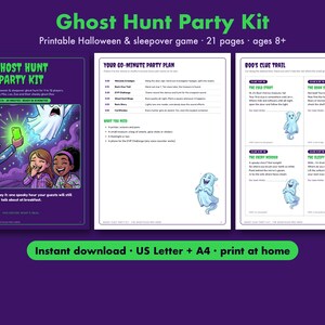 Puede incluir: Un kit de juego imprimible Ghost Hunt Party Kit que consta de tres páginas. La primera página muestra un título y niños dibujados con un fantasma. La segunda página enumera un plan de fiesta de 60 minutos. La tercera página muestra Boo's Clue Trail.
