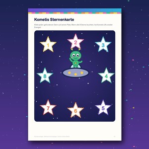May include: A rectangular activity sheet titled Kometis Sternenkarte featuring a dark blue space background with eight numbered star outlines arranged in a circle around a green alien character piloting a gray oval-shaped flying saucer.