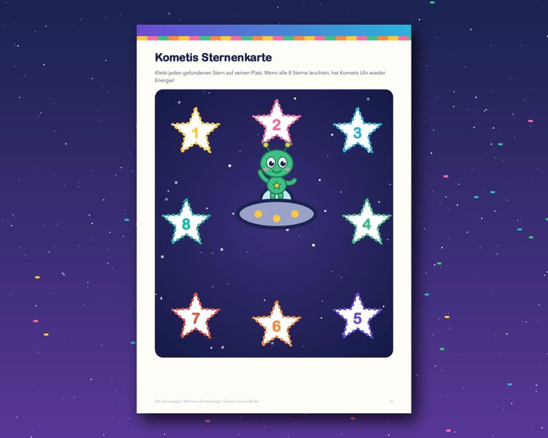 May include: A rectangular activity sheet titled Kometis Sternenkarte featuring a dark blue space background with eight numbered star outlines arranged in a circle around a green alien character piloting a gray oval-shaped flying saucer.