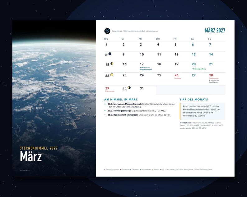 Pu&ograve; includere: Una pagina di calendario da parete per marzo 2027 con una vista della Terra dallo spazio sulla sinistra e una griglia di date sulla destra. Il testo include 'M&auml;rz 2027', 'Sternenhimmel 2027' e informazioni astronomiche in tedesco.