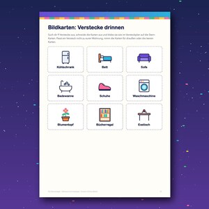 May include: A white activity sheet titled Bildkarten: Verstecke drinnen featuring nine rectangular cards with dashed borders. Each card displays a colorful icon and a German label for household items including a refrigerator, bed, sofa, bathtub, shoe, washing machine, flowerpot, bookshelf, and dining table.
