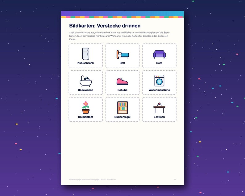 May include: A white activity sheet titled Bildkarten: Verstecke drinnen featuring nine rectangular cards with dashed borders. Each card displays a colorful icon and a German label for household items including a refrigerator, bed, sofa, bathtub, shoe, washing machine, flowerpot, bookshelf, and dining table.