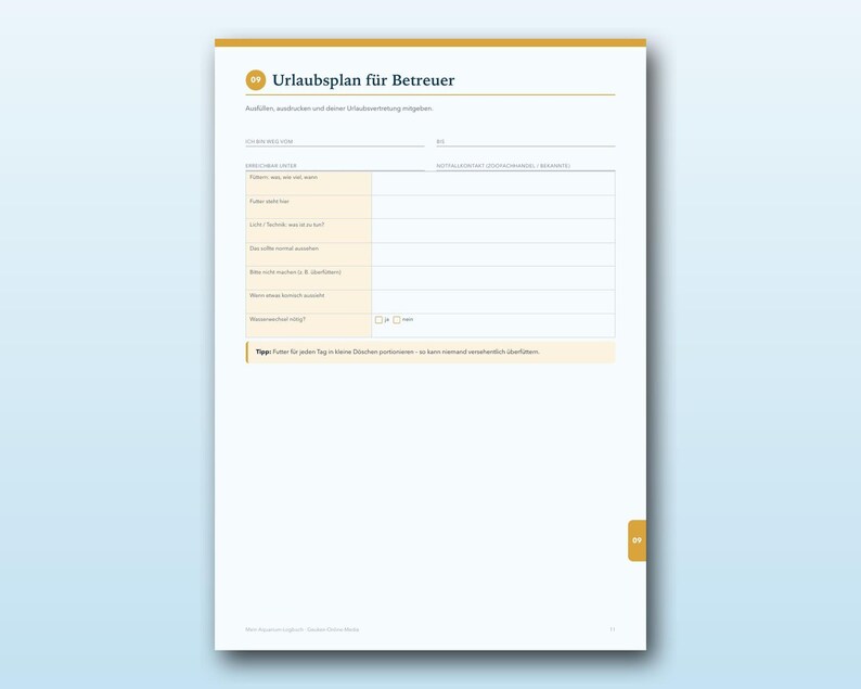K&ouml;nnte beinhalten: Ein wei&szlig;es gedrucktes Dokument mit dem Titel Urlaubplan f&uuml;r Betreuer mit gelber Kopf- und Fu&szlig;zeile. Das Formular enth&auml;lt Felder f&uuml;r Daten, Notfallkontakte und eine Checkliste f&uuml;r die Tierbetreuung mit einem Tipp am unteren Rand.