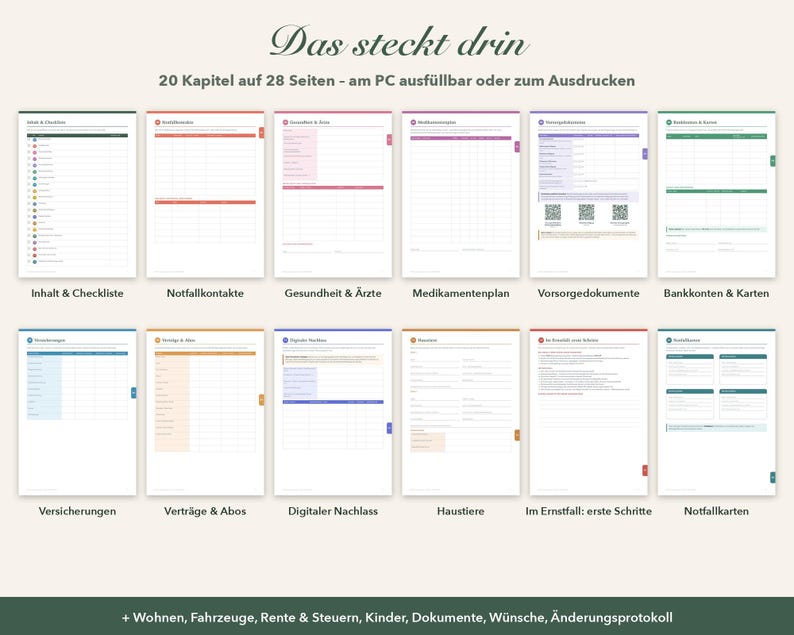 May include: A digital planner set featuring 28 pages across 20 chapters, including sections for emergency contacts, health, finances, and legal documents. The pages are printable or fillable on a PC, with labelled tabs for organisation.