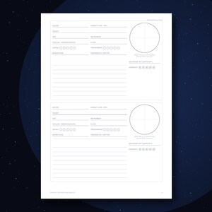 Puede incluir: Una plantilla de papel blanco con dos secciones id&eacute;nticas para registrar datos de observaci&oacute;n. Cada secci&oacute;n incluye l&iacute;neas para fecha, hora, objeto, instrumento, ubicaci&oacute;n, filtro, visibilidad, transparencia, fase lunar, temperatura, notas y un &aacute;rea de boceto circular.