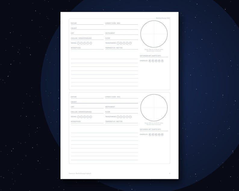 Puede incluir: Una plantilla de papel blanco con dos secciones id&eacute;nticas para registrar datos de observaci&oacute;n. Cada secci&oacute;n incluye l&iacute;neas para fecha, hora, objeto, instrumento, ubicaci&oacute;n, filtro, visibilidad, transparencia, fase lunar, temperatura, notas y un &aacute;rea de boceto circular.