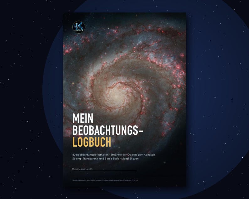 Puede incluir: Un cuaderno de observaci&oacute;n rectangular con una imagen de una galaxia espiral en la portada. El texto dice MEIN BEOBACHTUNGS-LOGBUCH, 80 Beobachtungen festhalten, 50 Einsteiger-Objekte zum Abhaken, Seeing, Transparenz- und Bortle-Skala, Mond-Skizzen.