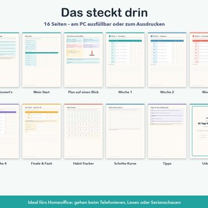 May include: A 16-page digital planner for a 30-day walking challenge, featuring sections for tracking progress, habits, and weekly goals. The pages include text in German, such as 'So funktioniert's', 'Mein Start', 'Woche 1' through 'Woche 4', 'Habit-Tracker', 'Schritte-Kurve', 'Tipps', and 'Urkunde'.