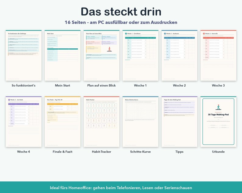 May include: A 16-page digital planner for a 30-day walking challenge, featuring sections for tracking progress, habits, and weekly goals. The pages include text in German, such as 'So funktioniert's', 'Mein Start', 'Woche 1' through 'Woche 4', 'Habit-Tracker', 'Schritte-Kurve', 'Tipps', and 'Urkunde'.