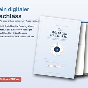 Puede incluir: Un documento de planificación patrimonial digital titulado Mein digitaler Nachlass, con un icono de candado central rodeado por seis iconos más pequeños. El documento incluye secciones para correo electrónico, redes sociales, banca y contraseñas, presentado como un PDF de 15 páginas.