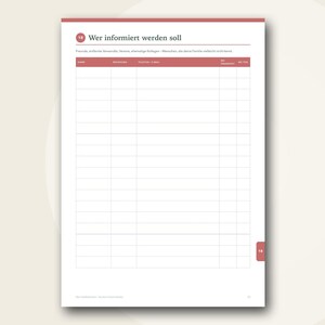 Puede incluir: Una p&aacute;gina blanca de agenda con un encabezado rojo que contiene el texto '18 Wer informiert werden soll'. Debajo hay una tabla con columnas para nombre, relaci&oacute;n, tel&eacute;fono/correo electr&oacute;nico y estado de notificaci&oacute;n para listar contactos.