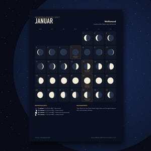 K&ouml;nnte beinhalten: Ein Mondkalender f&uuml;r Januar 2027 auf dunkelblauem Hintergrund. Das Raster zeigt t&auml;gliche Mondphasen mit wei&szlig;en und dunkelblauen kreisf&ouml;rmigen Symbolen. Der Text umfasst 'MONDKALENDER 2027', 'JANUAR', 'Wolfsmond' sowie eine Legende der Mondphasen.