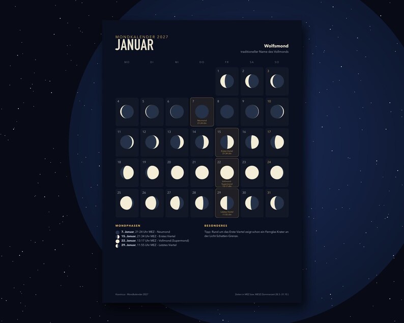 K&ouml;nnte beinhalten: Ein Mondkalender f&uuml;r Januar 2027 auf dunkelblauem Hintergrund. Das Raster zeigt t&auml;gliche Mondphasen mit wei&szlig;en und dunkelblauen kreisf&ouml;rmigen Symbolen. Der Text umfasst 'MONDKALENDER 2027', 'JANUAR', 'Wolfsmond' sowie eine Legende der Mondphasen.