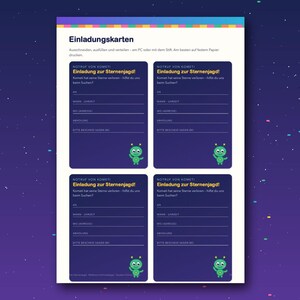 May include: A printable sheet containing four dark blue invitation cards titled Einladung zur Sternenjagd. Each card features a small green alien character and blank lines for filling in event details like name, time, location, and RSVP information.