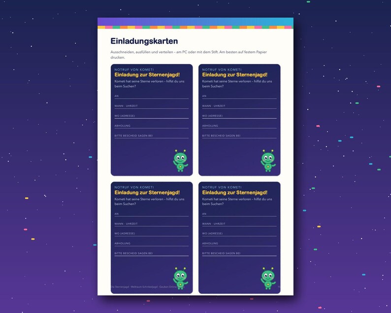 May include: A printable sheet containing four dark blue invitation cards titled Einladung zur Sternenjagd. Each card features a small green alien character and blank lines for filling in event details like name, time, location, and RSVP information.