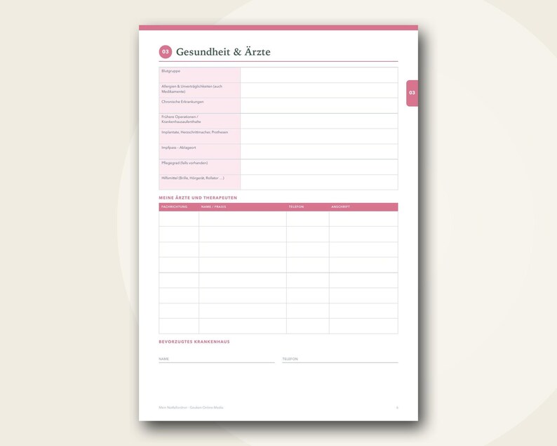Puede incluir: Una p&aacute;gina de agenda blanca con detalles en rosa titulada Gesundheit & &Auml;rzte. Incluye secciones para historial m&eacute;dico, una tabla para m&eacute;dicos y terapeutas con columnas para nombre, tel&eacute;fono y especialidad, y un espacio para hospital.