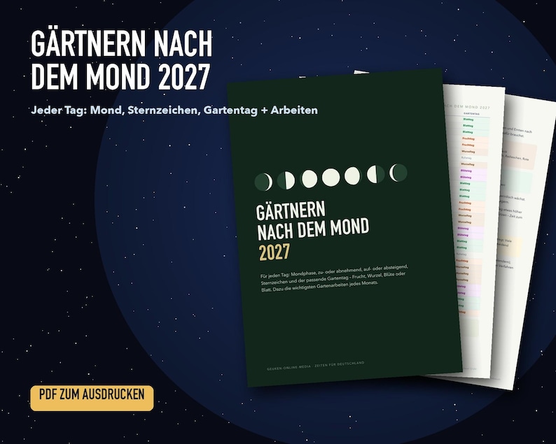 K&ouml;nnte beinhalten: Ein dunkelgr&uuml;ner Gartenkalender 2027 mit dem Titel G&auml;rtnern nach dem Mond 2027, der eine Mondphasengrafik, Sternzeichen und Gartenarbeiten zeigt. Das Dokument liegt als druckbares PDF mit mehreren sichtbaren Seiten vor.