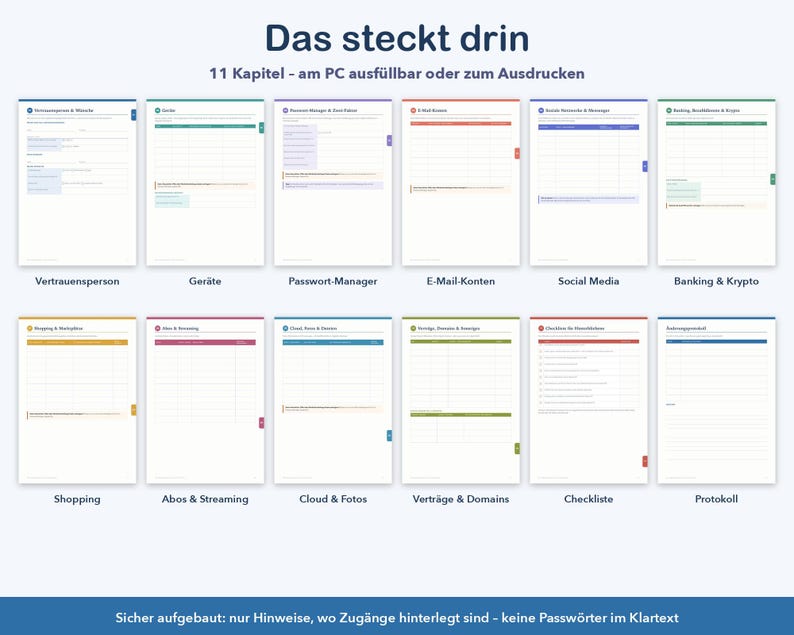 May include: A digital planner set featuring 11 distinct pages with colour-coded tabs for organising personal data. The header reads Das steckt drin, 11 Kapitel - am PC ausf&uuml;llbar oder zum Ausdrucken, with a footer stating Sicher aufgebaut.