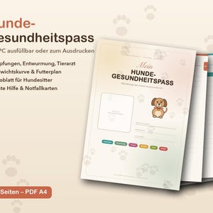 Pu&ograve; includere: Un documento digitale di libretto sanitario per cani in formato PDF A4 da 17 pagine. La copertina presenta il testo Hunde-Gesundheitspass, un'illustrazione di un cane, uno spazio per foto e schede colorate per il monitoraggio veterinario.