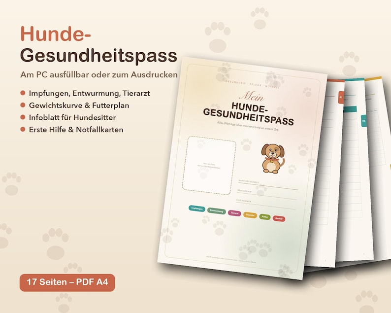Pu&ograve; includere: Un documento digitale di libretto sanitario per cani in formato PDF A4 da 17 pagine. La copertina presenta il testo Hunde-Gesundheitspass, un'illustrazione di un cane, uno spazio per foto e schede colorate per il monitoraggio veterinario.
